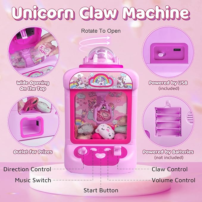 Marlrin Unicorn Claw Machine for Kids– Mini Vending Machine with 20Plush Toys, Candy Grabber Arcade Game for Home Parties