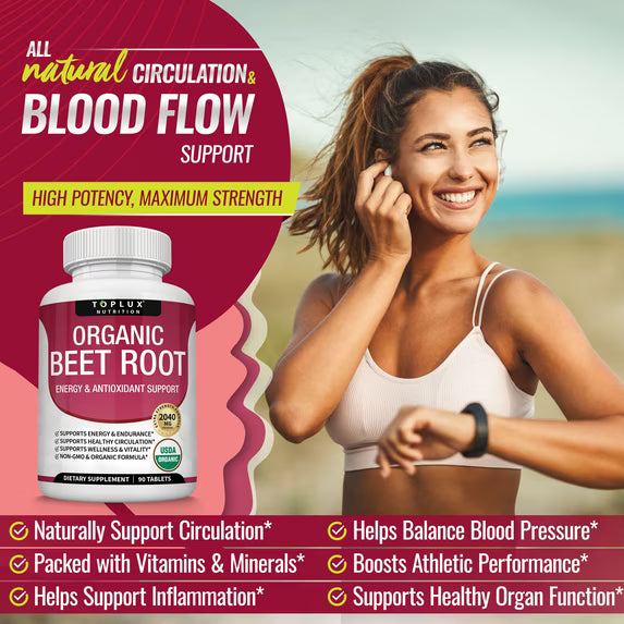 Toplux Organic Beet Root Capsules 2040mg Beet Root Supplement Support Circulation Heart Health 90 Tablets ( Pack of 3)