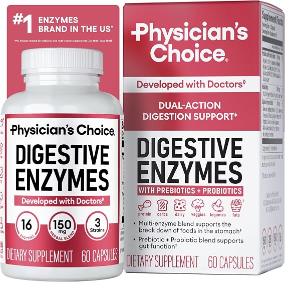 Physician's CHOICE Digestive Enzymes for Bloating & Digestion - Fast-Acting 16 Enzyme Formula with Organic Prebiotics & Probiotics for Gut & Digestive Health - Meal Time Discomfort Relief - 60 CT