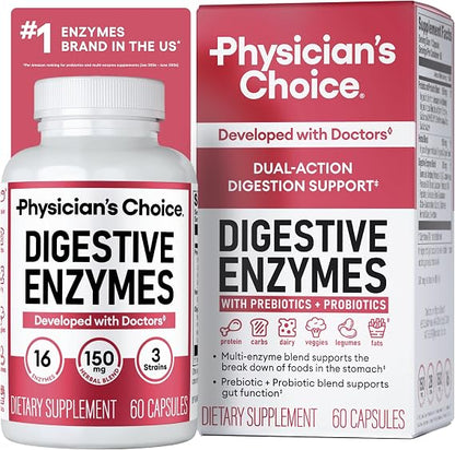 Physician's CHOICE Digestive Enzymes for Bloating & Digestion - Fast-Acting 16 Enzyme Formula with Organic Prebiotics & Probiotics for Gut & Digestive Health - Meal Time Discomfort Relief - 60 CT