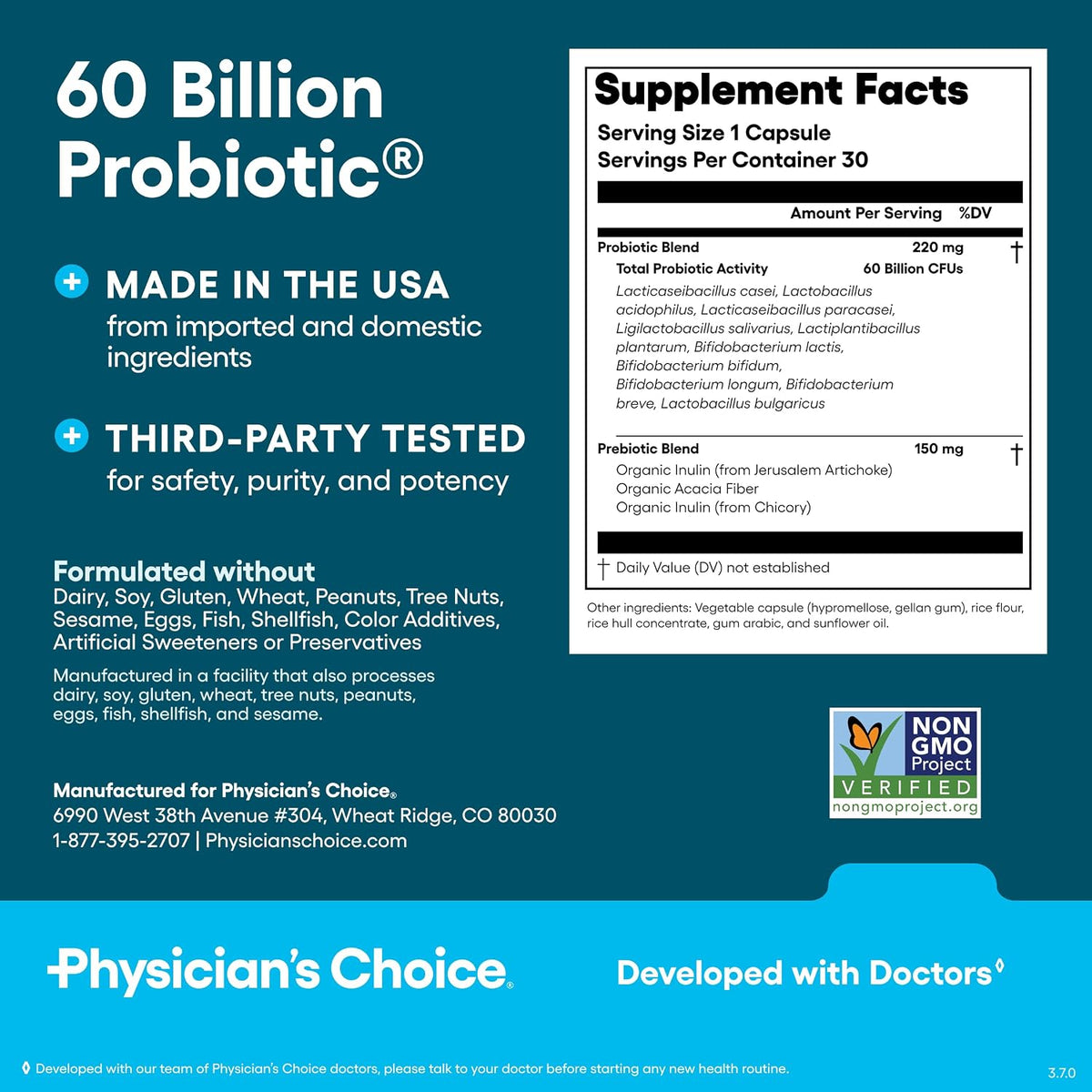 Physician's CHOICE Probiotics 60 Billion CFU - 10 Strains + Organic Prebiotics - Immune, Digestive & Gut Health - Supports Occasional Constipation, Diarrhea, Gas & Bloating - for Women & Men - 30ct