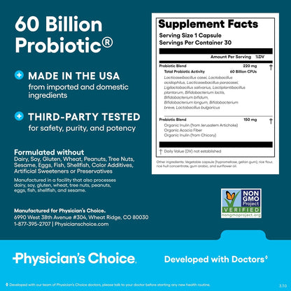 Physician's CHOICE Probiotics 60 Billion CFU - 10 Strains + Organic Prebiotics - Immune, Digestive & Gut Health - Supports Occasional Constipation, Diarrhea, Gas & Bloating - for Women & Men - 30ct