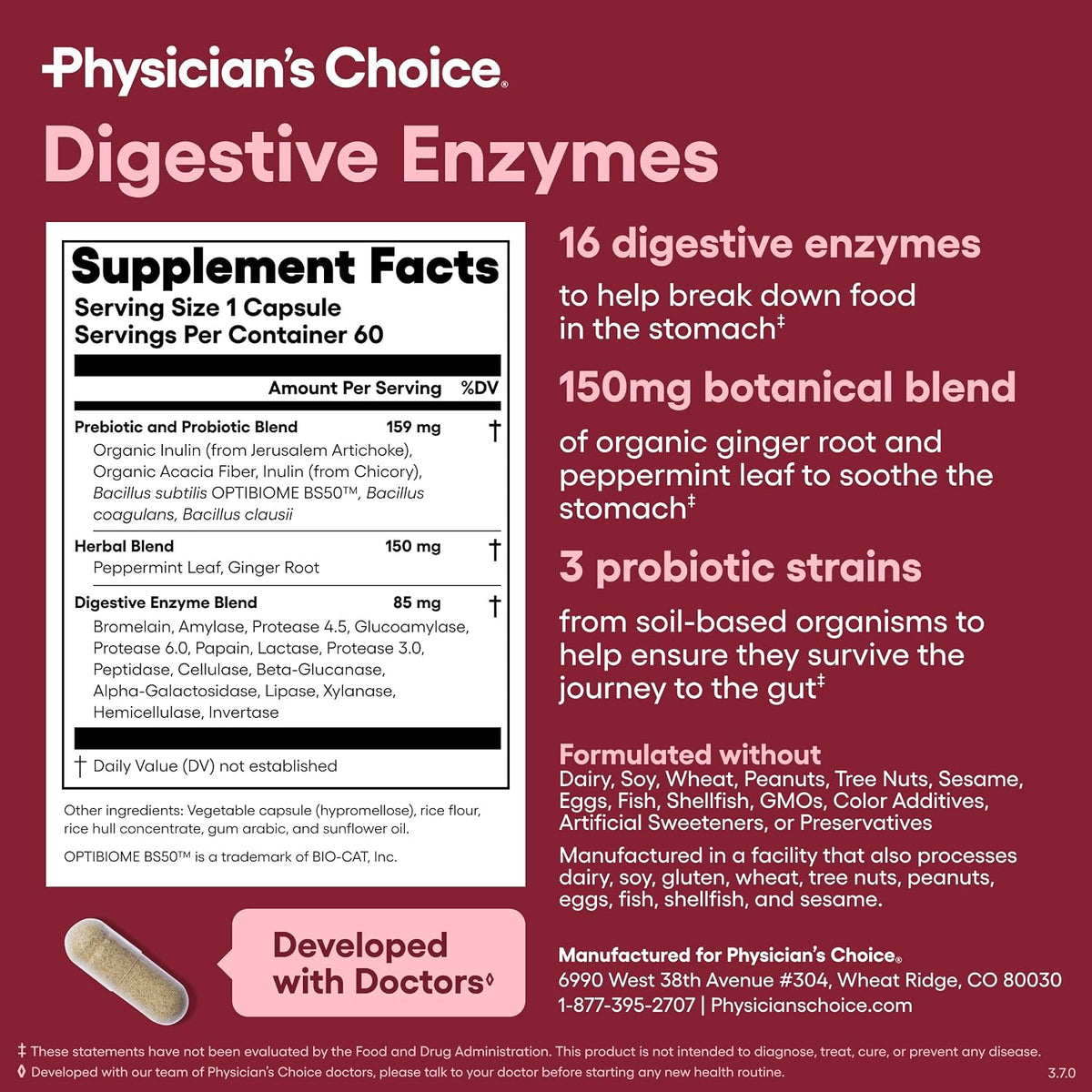 Physician's CHOICE Digestive Enzymes for Bloating & Digestion - Fast-Acting 16 Enzyme Formula with Organic Prebiotics & Probiotics for Gut & Digestive Health - Meal Time Discomfort Relief - 60 CT