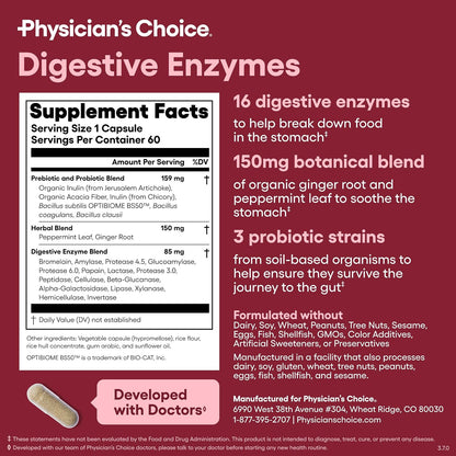 Physician's CHOICE Digestive Enzymes for Bloating & Digestion - Fast-Acting 16 Enzyme Formula with Organic Prebiotics & Probiotics for Gut & Digestive Health - Meal Time Discomfort Relief - 60 CT