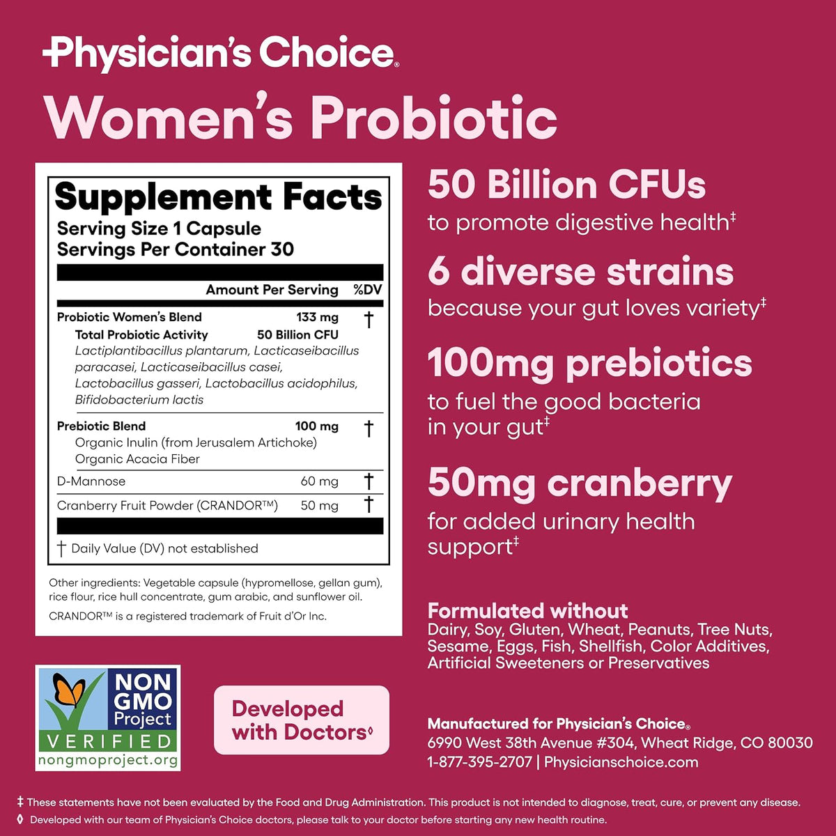 Physician's CHOICE Probiotics for Women - PH Balance, Digestive, UT, & Feminine Health - 50 Billion CFU - 6 Unique Strains for Her - Organic Prebiotics, Cranberry Extract+ - Women Probiotic - 30 CT