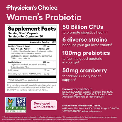 Physician's CHOICE Probiotics for Women - PH Balance, Digestive, UT, & Feminine Health - 50 Billion CFU - 6 Unique Strains for Her - Organic Prebiotics, Cranberry Extract+ - Women Probiotic - 30 CT