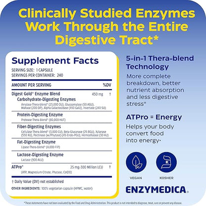 Enzymedica Digest Gold + ATPro – Maximum Strength Digestive Enzyme Formula for Fast Digestion, Bloating &amp; Gas Support (240 Capsules)