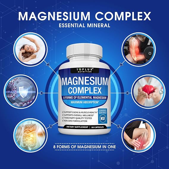 Toplux Magnesium Complex Supplement – 8 Elemental Forms, 90 Vegan Capsules ( Pack of 3)