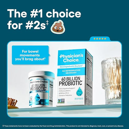 Physician's CHOICE Probiotics 60 Billion CFU - 10 Strains + Organic Prebiotics - Immune, Digestive & Gut Health - Supports Occasional Constipation, Diarrhea, Gas & Bloating - for Women & Men - 30ct