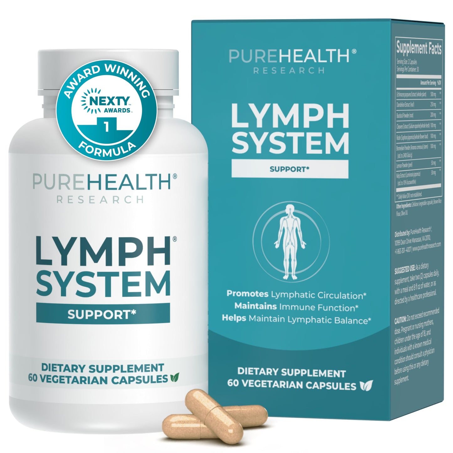 PUREHEALTH RESEARCH Lymph System Support – Lymphatic Drainage Supplement (60 Capsules)