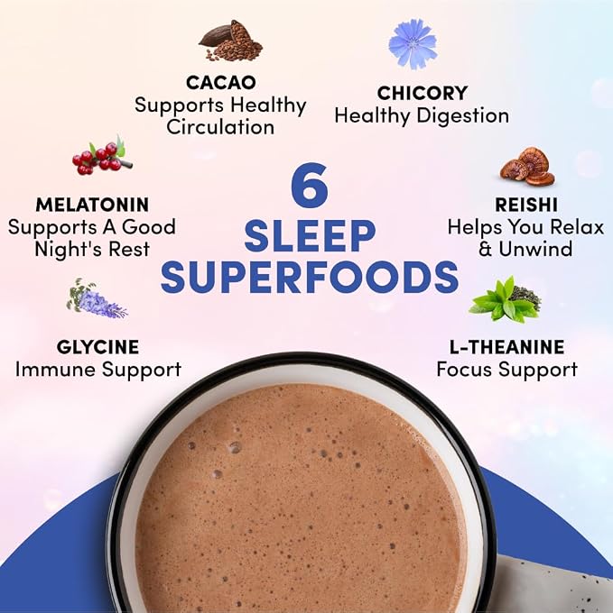 Sleep superfoods with a bowl of chocolate drink and listed benefits on a light pink background