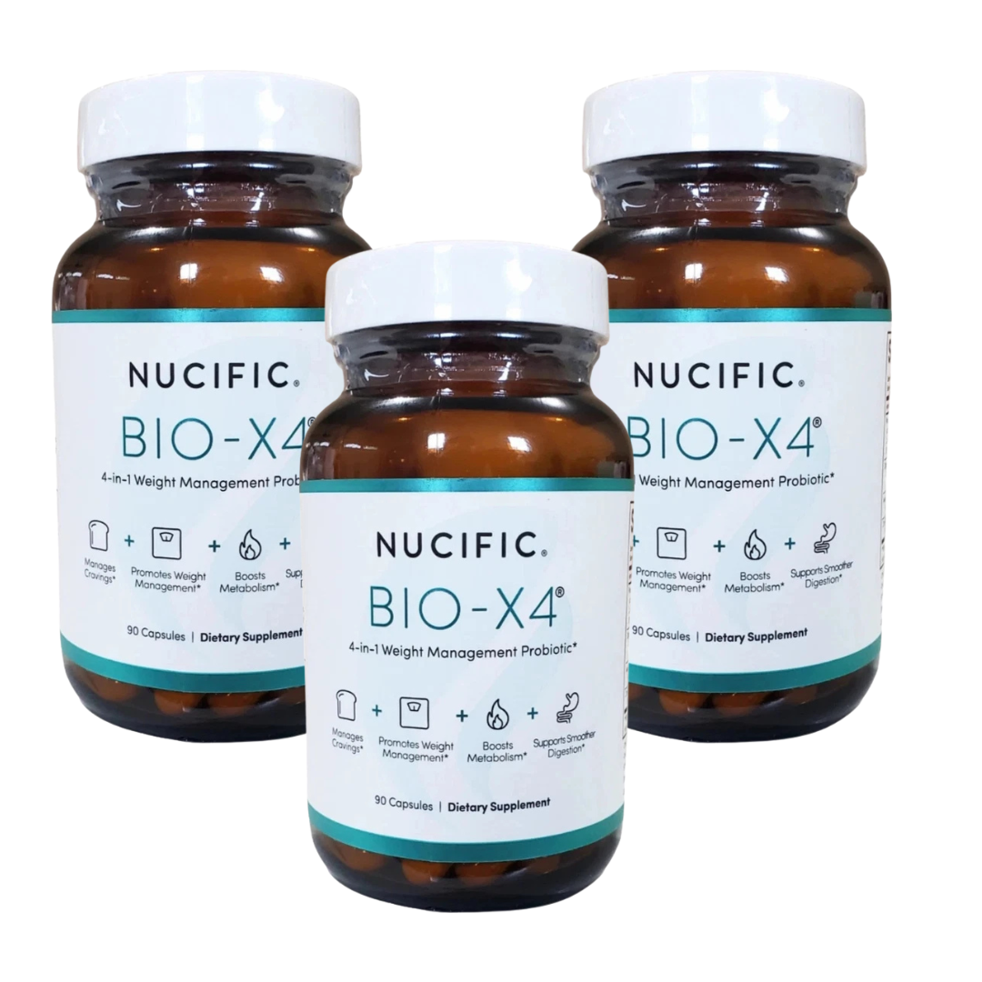 Three amber plastic supplement bottles with white caps and white labels reading NUCIFIC. BIO-X4, arranged on a plain white background.