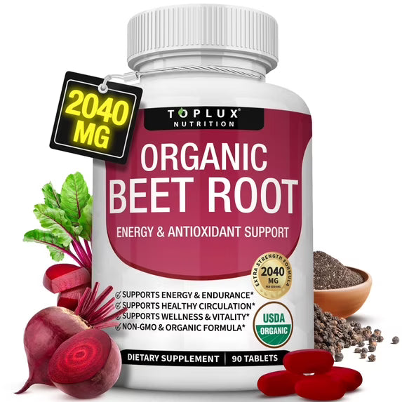 Toplux Organic Beet Root Capsules 2040mg Beet Root Supplement Support Circulation Heart Health 90 Tablets ( Pack of 3)
