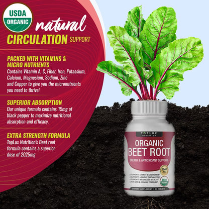 Toplux Organic Beet Root Capsules 2040mg Beet Root Supplement Support Circulation Heart Health 90 Tablets ( Pack of 3)