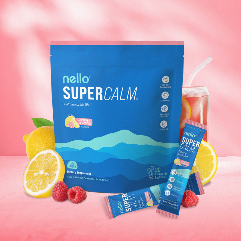 Nello Supercalm Powdered Drink Mix, Cortisol Reducer and Sleep Aid Supplement, L Theanine, Ksm-66 Ashwagandha, Magnesium Glycinate, Vitamin D 3, No Sugar, Non GMO, On The Go, 20 Ct, Raspberry Lemonade