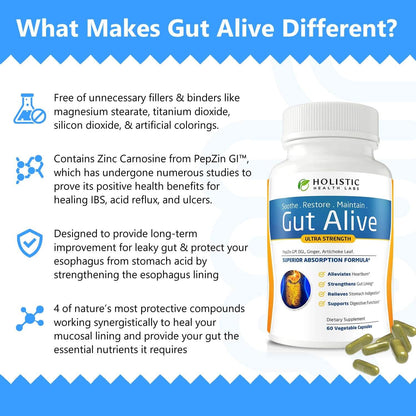 Gut Alive supplement by Holistic Health Labs, featuring key benefits, ingredients, and capsule image for gut lining support.